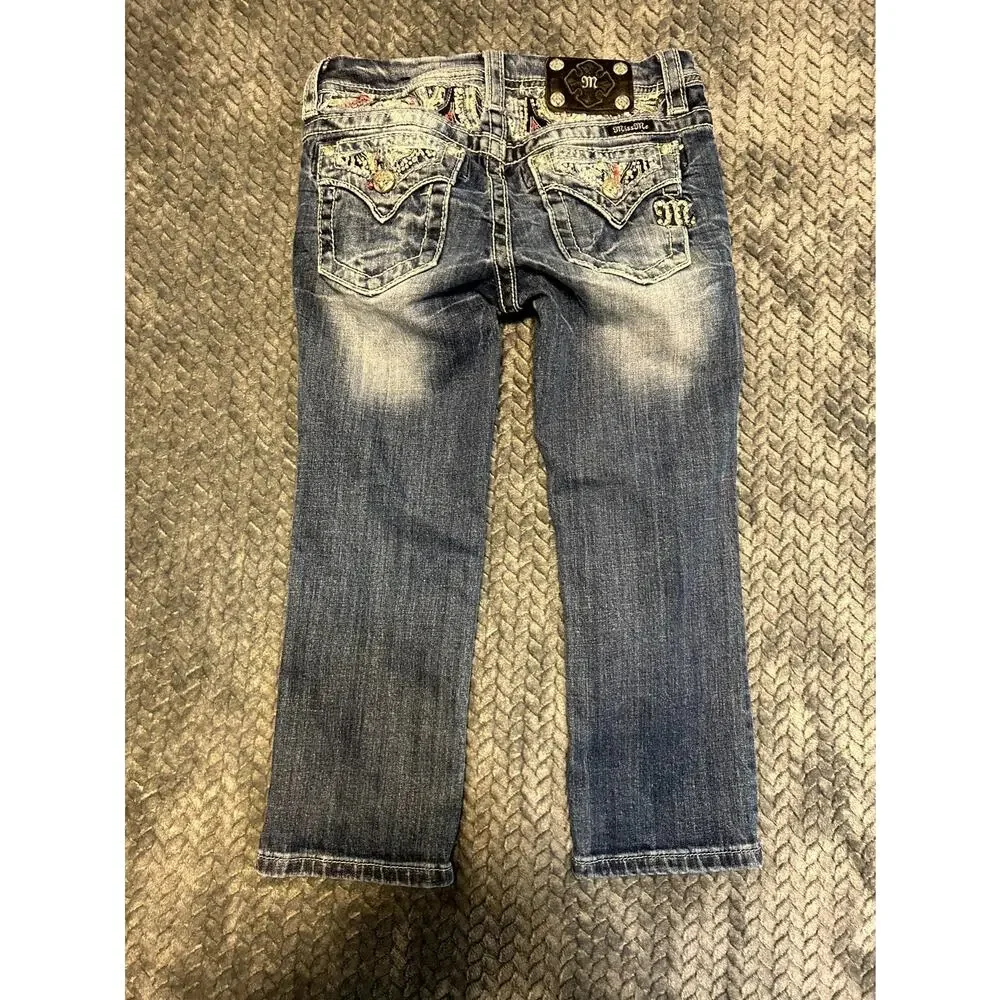 Miss Me Cropped Jeans Girls 14 Blue Denim Rhinestone Embellished Straight Leg